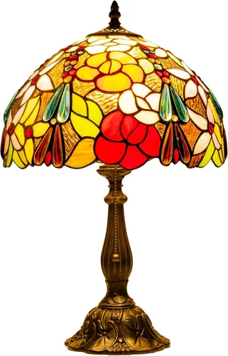 Vista 11 de Tiffany Style Stained Glass Table Lamp, Floral Pattern Desk Light with Antique Bronze Resin Base, Red Roses Decorative Lighting for Bedroom, Living