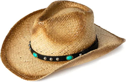 Vista 4 de Comhats Sombrero de paja de vaquero redondo de estilo occidental para mujer, cordón de barbilla Fedora de cuero vegano, ala moldeable, vaquera