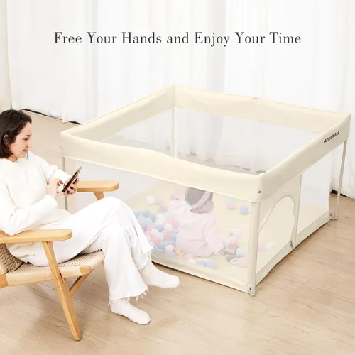 Vista 7 de Corralito plegable para bebés de 50 x 50 pulgadas, listo para usar fuera de la caja, para bebés y niños pequeños, patio de juegos portátil con malla