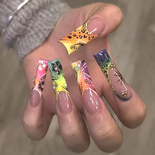 Vista 28 de MISUD Uñas a presión – Uñas cuadradas largas con pegamento rosa y negro, acrílico Y2K diseño de dijes de 24 piezas