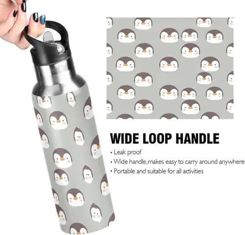 Vista 4 de Cute Penguins Face Gray Insulated Stainless Steel Water Bottle with Straw 20 Oz, BPA-Free Sport Water Bottle Insulated Leakproof Water Bottles
