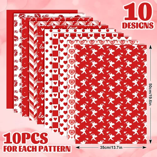 Vista 2 de JarThenaAMCS 100 hojas de papel de seda para el día de San Valentín, a granel, 10 diseños de corazón rojo de amor, cupido, lunares, hojas de papel