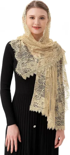Vista 6 de PAMOR Velo rectangular capilla español encaje floral Mantilla velos envoltura chal masa cabeza cubierta