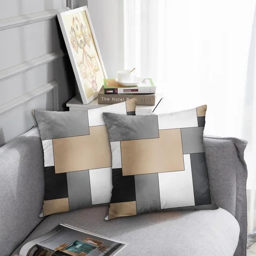Vista 2 de Emvency Juego de 2 fundas de almohada geométricas marrones, color negro, gris, blanco, pintura abstracta a cuadros, funda de almohada decorativa