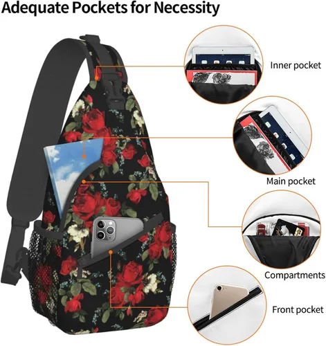 Vista 2 de Junong Bolso bandolera bandolera para viajes, senderismo, pecho, mochila deportiva para mujeres y hombres, Patrón floral de rosas rojas
