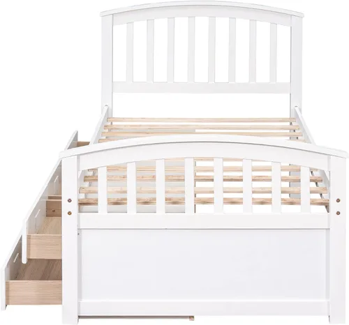 Vista 5 de Merax Cama de almacenamiento de plataforma de madera maciza de tamaño individual con 6 cajones, no necesita somier, color blanco