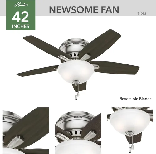 Vista 7 de Hunter Fan Company, 51082 Newsome Ventilador de techo de perfil bajo de níquel cepillado de 42 pulgadas con kit de luz LED y cadena de tracción