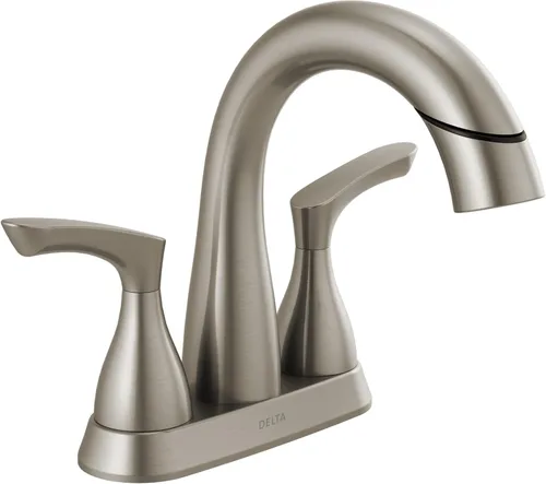 Vista 8 de Grifo de baño Delta Broadmoor de centro cromado con rociador, grifo de fregadero de baño de 4 pulgadas y 3 agujeros con rociador extraíble, drenaje