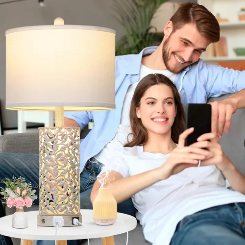 Vista 4 de Cinkeda Lámparas de Mesa de Granja Moderna Juego de 2, Lámpara de Mesita de Noche con Control Táctil con 2 Puertos USB y Toma de CA, Lámpara