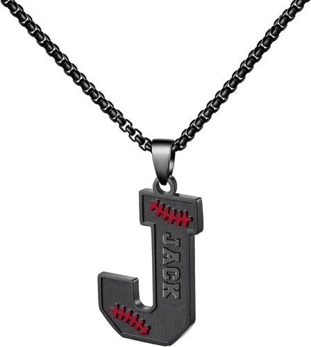 Vista 64 de Ldurian Collar personalizado con nombre de béisbol, cadena negra de acero inoxidable, collar con nombre deportivo, letra A-Z de 24 pulgadas, regalos