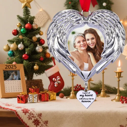 Vista 2 de Adornos de fotos conmemorativos de alas de ángel de Navidad 2025, regalos de condolencias por la pérdida de un ser querido, marco de fotos