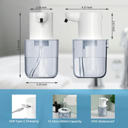 Vista 4 de Dispensador automático de jabón espumoso recargable sin contacto de 13.53 onzas / 13.5 fl oz con montaje en pared y dispensador de jabón eléctrico