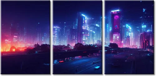 Vista 50 de Cuadros de 3 paneles de Cyberpunk City - Arte de pared de vallas publicitarias de edificios modernos en la capital con obras de arte modernas