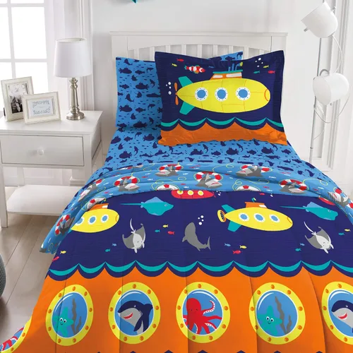 Vista 10 de Dream Factory Dinosaur Blocks - Juego de edredón de microfibra ultrasuave para niños, color azul, tamaño individual Bloques de dinosaurios azules