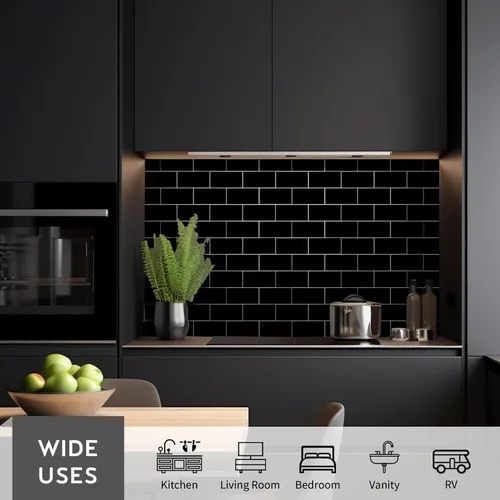 Vista 5 de Black Peel and Stick Backsplash Subway Tile, 12"x12", 6-Sheet Self Adhesive, Faux Ceramic, Glossy, 5.97 SQ.FT, For Kitchen Bathroom