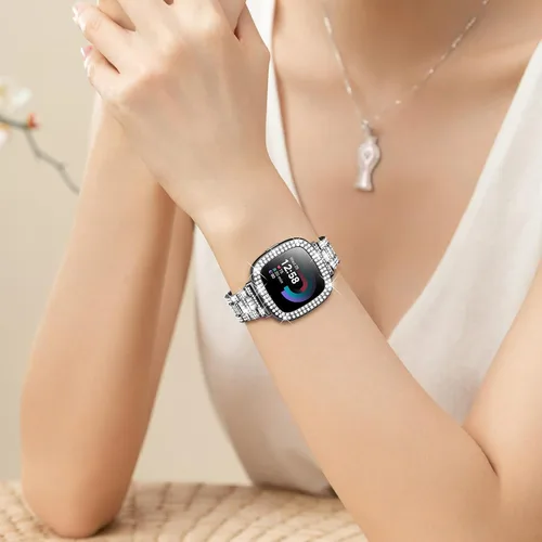 Vista 6 de Dsytom Bling Banda de Reloj Elegante Compatible con Fitbit Versa 4, Sense 2, Versa 3, Sense - Correa Linda con Funda Protectora de Rinstone