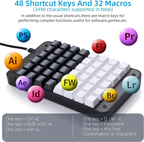 Vista 3 de Teclado mecánico Koolertron de una mano para jugadores, teclado mini USB de 48 teclas totalmente programable con interruptor rojo
