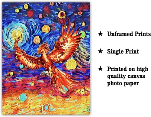 Vista 2 de Bestbuddy Pet 8X10 sin marco noche estrellada inspirada Phoenix Bird Inmortal Firebird Animales Amante Familia Paz Amor Pintura al óleo Impresión