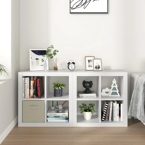 Vista 43 de Estantería con contenedor de almacenamiento, organizador de almacenamiento de 6 cubos, estantería abierta de madera moderna, estante de cubículos