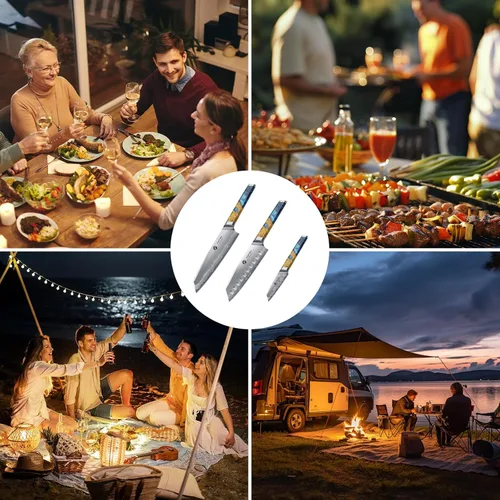 Vista 5 de Juego de cuchillos de cocina de 3 piezas, juego de cuchillos de chef japoneses con núcleo de acero en polvo S35VN, mango de resina y madera, juego