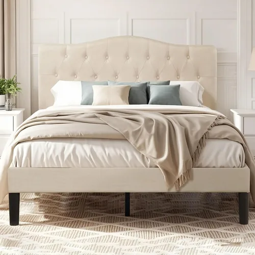 Vista 19 de VECELO Base de cama de plataforma de tamaño individual con cabecera tapizada de tela y soporte de listones de madera, no necesita somier/fácil Beige