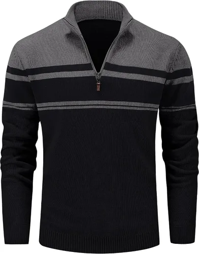 Vista 49 de MAGCOMSEN Suéteres de algodón con cremallera de 1/4 para hombre, suéter tipo polo, a rayas, para otoño e invierno, sudaderas cálidas