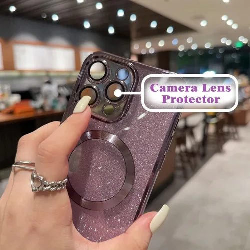 Vista 6 de aowner Funda magnética para iPhone 14 Pro Max con purpurina, chapado de lujo, bonito brillante con protector de lente de cámara, compatible
