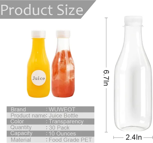 Vista 2 de WUWEOT Paquete de 30 botellas de plástico para jugos, botellas de bebidas desechables transparentes de 10 onzas con tapas blancas a prueba