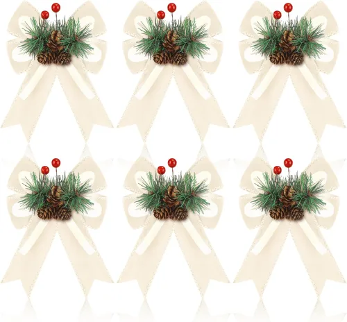 Vista 17 de Syhood - 6 lazos de Navidad a cuadros con piñas de pino, cintas de terciopelo negro, para corona de árbol de Navidad, decoración de fiestas
