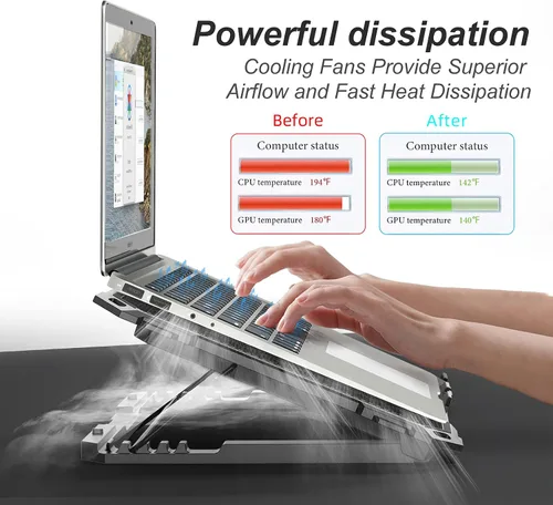 Vista 5 de KYOLLY Alfombrilla de refrigeración mejorada para laptop, enfriador de laptop para juegos con 5 ventiladores silenciosos, 2 puertos USB, 5 alturas