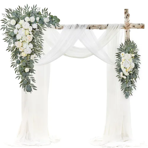 Vista 16 de Kit de flores para arco de boda con cortinas (paquete de 4) – 2 guirnaldas artificiales beige de lujo con 2 cortinas transparentes para ceremonia