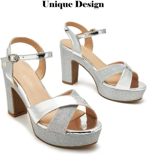 Vista 4 de hingswink Sandalias de vestir para mujer, sandalias de tacón para mujer, tacones de bloque, tacones negros de punta abierta para mujer, tacones