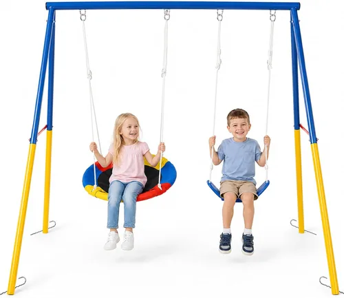 Vista 15 de DECORLIFE Columpio de platillo con soporte de marco en A resistente, juego de columpios para patio trasero, plataforma redonda de capacidad de 260