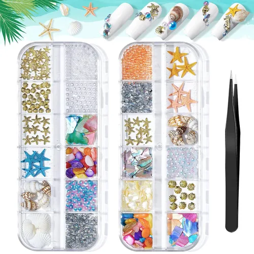 Vista 8 de Diamantes de imitación para uñas de playa de verano, diseño de concha y remaches con diseño de estrella de mar, diseño de concha y remaches
