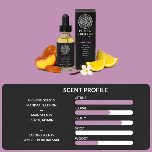 Vista 5 de Aceite de utilidad Aurora Premium - Para Mujer - Mandarina, Limón, Melocotón, Jazmín, Ámbar y Bálsamo de Perú - Mezcla nutritiva radiante