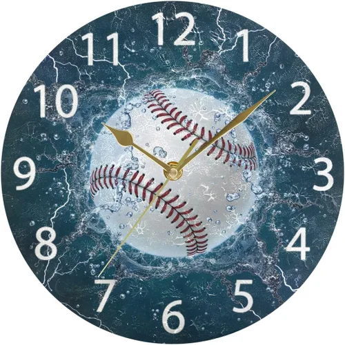 Vista 5 de senya Reloj de pared redondo de béisbol, silencioso, sin tictac, pintura al óleo, decorativo, para el hogar, oficina, escuela, arte