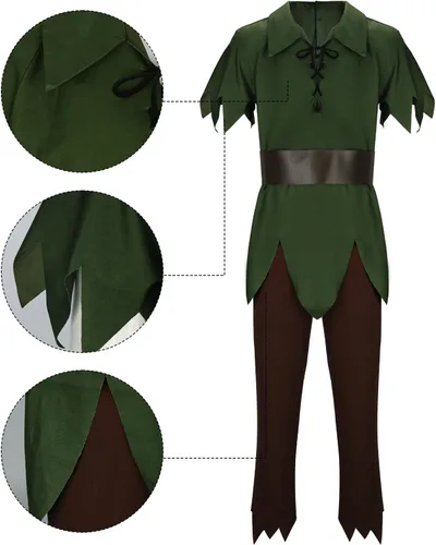 Vista 6 de Disfraz de Peter Pan para hombre adulto, blusa de vendaje de hojas verdes, sombreros de faja, trajes de cosplay de elfo, disfraz de Halloween