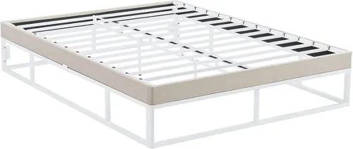 Vista 3 de Decoro Capri - Base de cama de metal blanco con base de colchón tapizada beige integrada, tamaño King