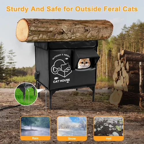 Vista 4 de Casa para gatos al aire libre, refugio elevado indestructible para gatos resistente a la intemperie con puerta de escape, exterior impermeable