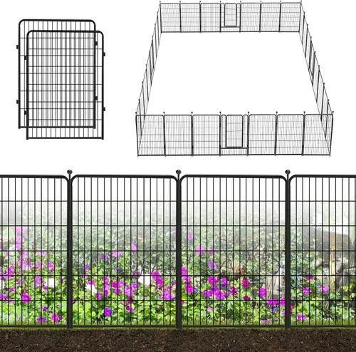 Vista 10 de Valla decorativa de metal negro para jardín con puerta, 4.5 pies de largo x 32 pulgadas de alto, 2 paneles de valla sin excavación, valla de barrera