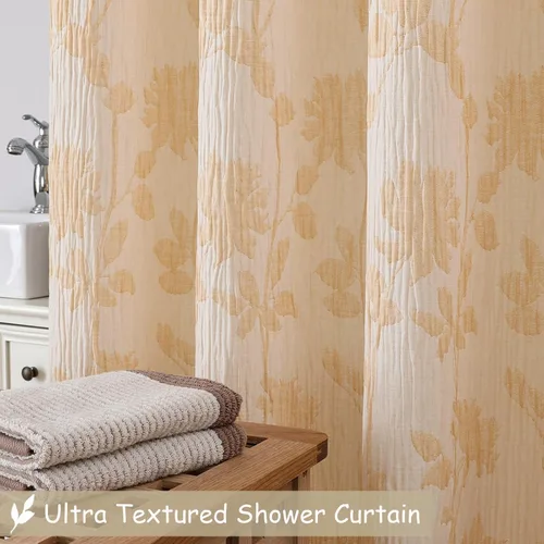 Vista 4 de OVZME Cortina de ducha dorada con flores de 72 pulgadas de largo, cortina de baño de textura arrugada y gruesa de calidad hotelera, decoración