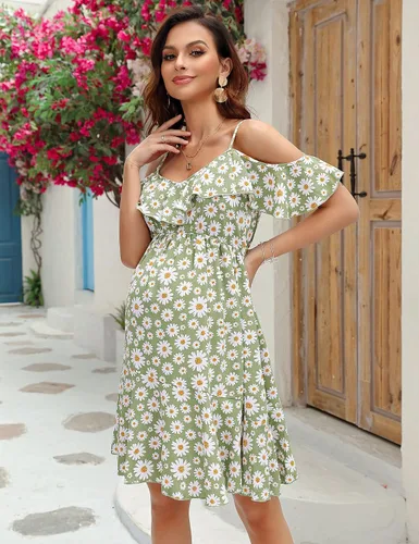 Vista 5 de FUNJULY Vestido de lactancia de maternidad para mujer, cuello en V, tirantes delgados, manga con volantes, estampado de margaritas, vestido