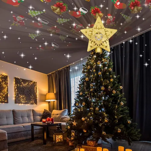 Vista 2 de AOMIL Adorno para la punta del árbol de Navidad, proyector de patrón giratorio 3D para adorno de árbol de Navidad, diseño hueco, decoraciones