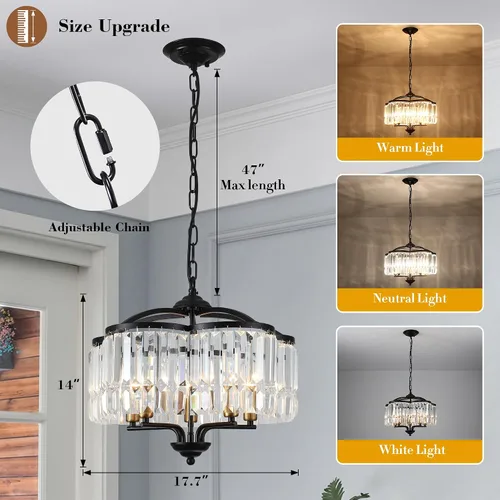 Vista 3 de Lámpara de Araña de Cristal Moderna para Comedor - 5 Luces Ajustables Negra Estilo Granja Accesorio de Luz Colgante para Vestíbulo Dormitorio Sala