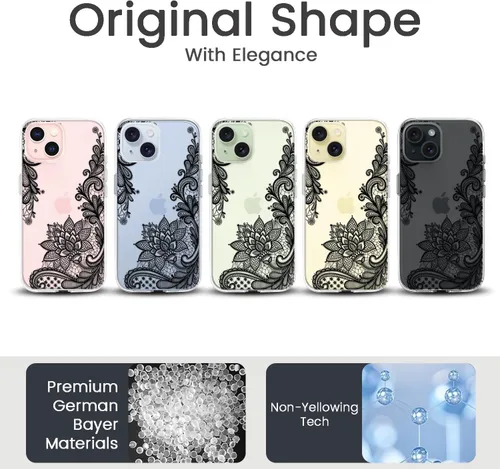 Vista 2 de Compatible con iPhone 15, funda transparente de encaje negro floral a prueba de golpes, parte trasera dura, delgada, bonita funda transparente