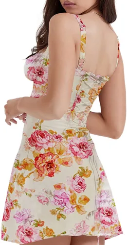 Vista 4 de Vestido corto sexy floral para mujer, estilo Y2K, corte bajo, ajustado, sin mangas, espalda descubierta, tirantes delgados, vestido de verano