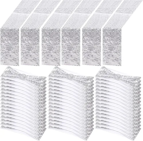 Vista 13 de Newwiee 54 cintas de lentejuelas negras para sillas y caminos de mesa, 48 lazos de lentejuelas para silla, 6 caminos de mesa con purpurina