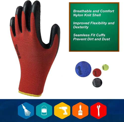 Vista 2 de Guantes de seguridad recubiertos para el trabajo, paquete de 8 pares, agarre firme, uso general y jardinería, para hombres y mujeres (talla S, rojo)
