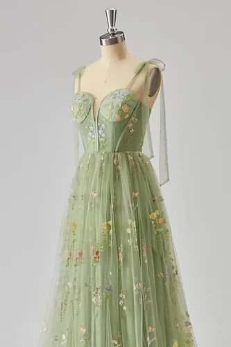 Vista 6 de Vestidos de fiesta de manga hinchada, tul bordado de flores, sin espalda, acampanado, vestido de fiesta formal de noche para mujer