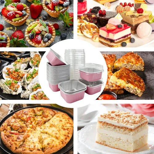Vista 6 de 50 tazas cuadradas de papel de aluminio para hornear con tapas, moldes desechables de 5 onzas para tartas, recipientes para hornear cupcakes